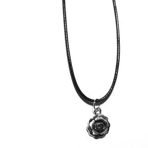 Black cord necklace with silver rose charm